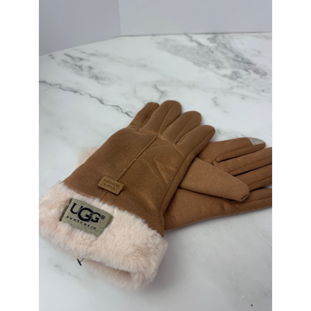 UGG Women's Turn Cuff Touchscreen Gloves Brown Faux Fur Sz M